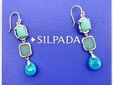 Silpada Sterling, Turquoise, Sea Glass, Quartzite Triple Dangling Earrings W2359