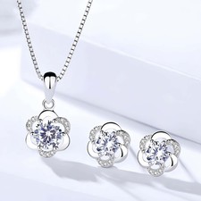 925 Sterling Silver Crystal Swirl Pendant Necklace Stud Earrings Women Jewellery