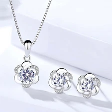 925 Sterling Silver Crystal Swirl Pendant Necklace Stud Earrings Women Jewellery