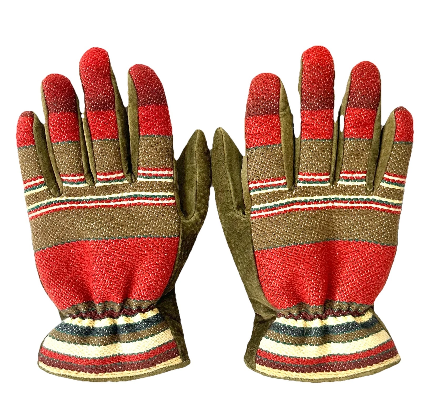 Y2K J. Crew Winter Southwestern Woven Leather Gloves, Sherpa Lined Med. Men EUC