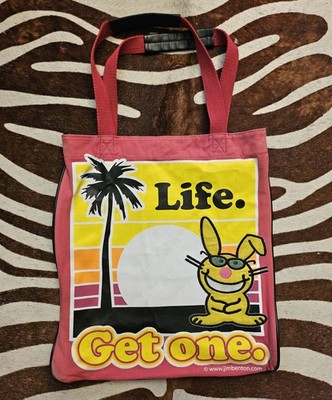 Vintage Y2K It's Happy Bunny! ''Life. Get one'' Pink Canvas Tote Bag Embroidered 