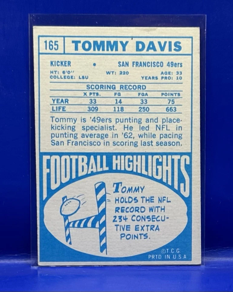 1968 Topps Football Tommy Davis Card #165 EX-NM San Francisco 49ers - Image 2 of 2