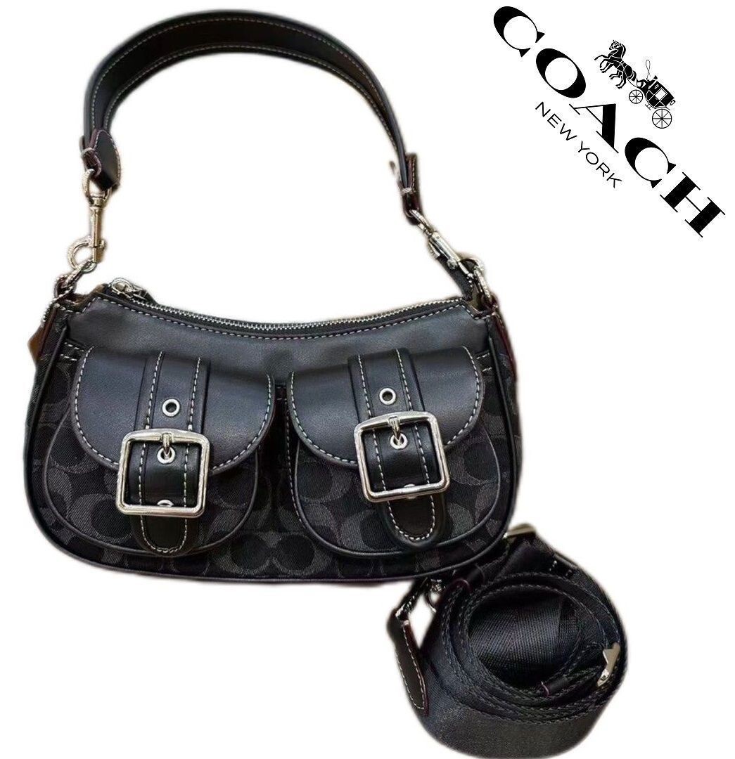 COACH Ashton Baguette Signature Denim Black CQ184 Outlet NEW