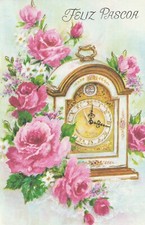 1 card PORTUGUESE  EASTER Greeting CARD Feliz Pascoa Flowers Clock