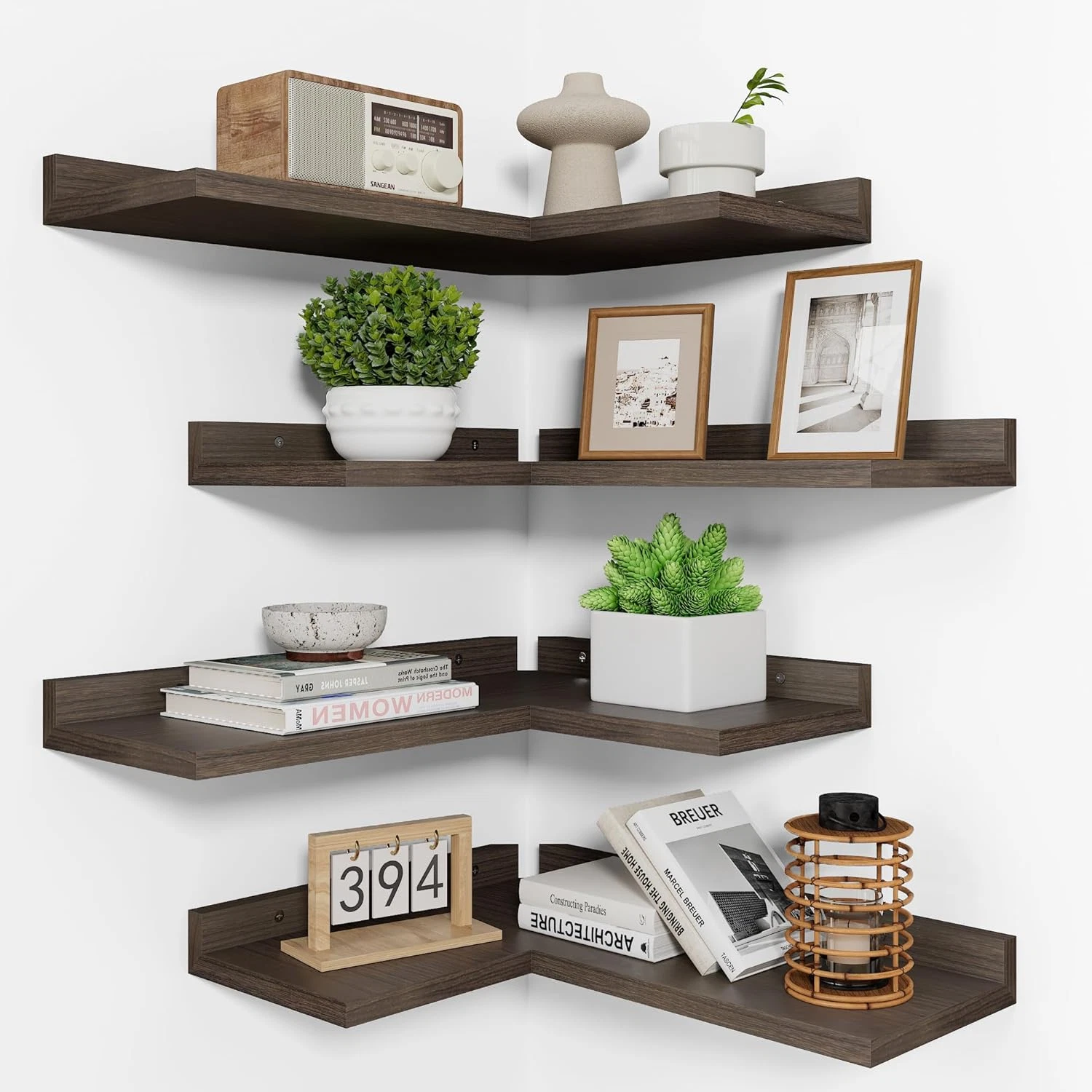 Rustic 4-Tier Corner Shelf - Natural Wood Floating Shelves for Any Room