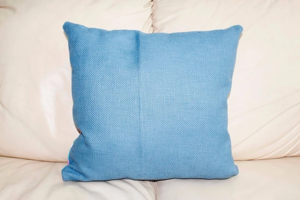 Cojín circular almohada, azul, rosa y amarillo, doble cara Foto 3 de 3