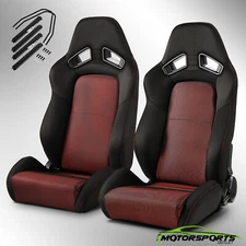Universal Black+Red Mesh Fabric Reclinable Racing Seats Pair Left/Right W/Slider