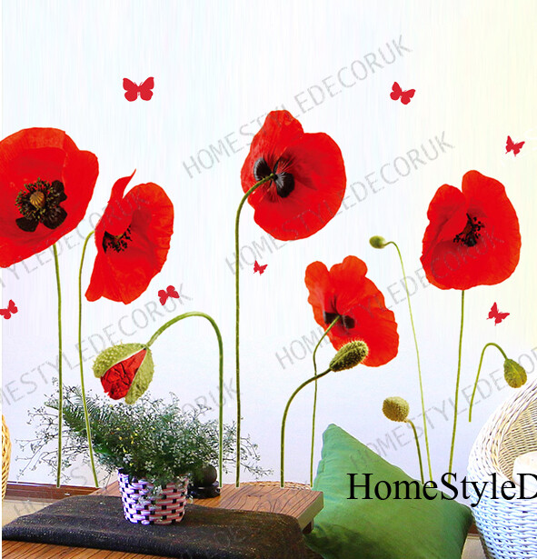 Vibrant Poppy Flowers Wall Stickers Art Decal Mural Wallpaper Floral ...