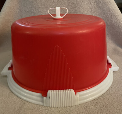 Vintage Locklift Cake Carrier Art Deco Red & White Plastic Server USA!