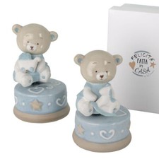 1 PZ BIBI' CARILLON Orsetto CELESTE in Ceramica 8x11 cm BOMBONIERA 1FPX