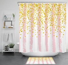 Modern Gold Confetti Pink White Striped Shower Curtain Set for Bathroom Decor