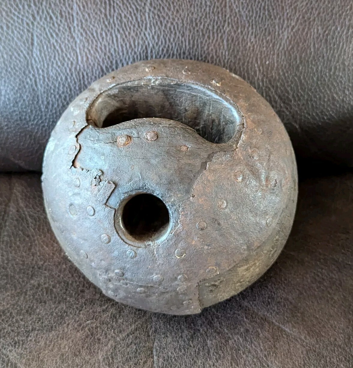 Antique 1800s Wood Bowling Ball With Metal Plate Surrounding
