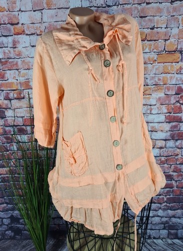 Long BLUSE Jacke Tunika Midi 100 Leinen Lagenlook Alinie ITALY orange M 40 42 - Bild 3 von 6