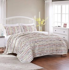 Quilt Set King Floral Stripes Print Pink White Purple Ruffle Cotton Pillow Shams