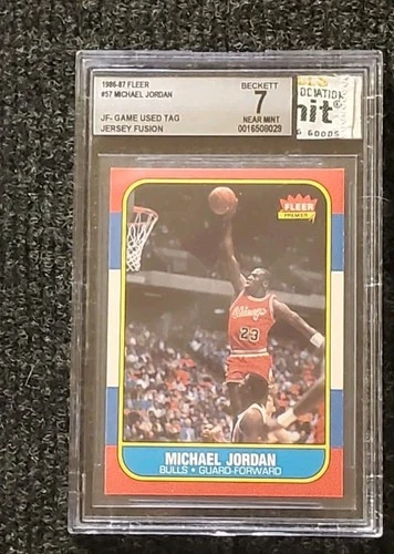 1986-87 Michael Jordan Fleer #57 RC Game Used Jersey TAG Jersey Fusion BGS 7
