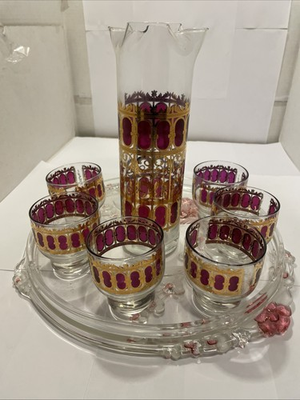 #ad MCM Glass Ice Bucket Culver’s Signed Cranberry Scroll Barware 22K Gold Vintage $220.00