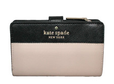 KATE SPADE Staci Medium Compact Bifold Wallet Beige Black Leather WLR00124