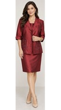 Womens Sz M Burgundy Beaded 2 Piece Dress Jacket Suit Set Mother of Bride Formal