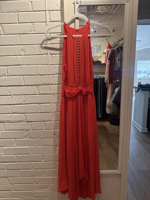 #ad Ramy Brook Orange XS Maxi Dress Halter Sleeveless Smocked Pleated Beaded $150.00