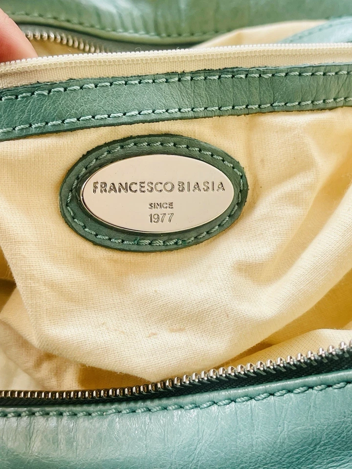 Bolso de mano vintage de cuero azul/verde Francesco Biasia 1977 Foto 3 de 4
