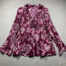 East 5th Top Women's Plus 1X Plum Floral Button Up Ruffle V Neck Pleated Fabric