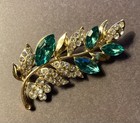 Rhinestone Leaf Brooch Pin U.S. Seller! New Gold / Emerald Green Colored Crystal