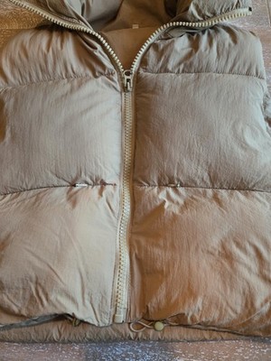 Puff Vest Oversized Crop Short Zip Pockets Women L Beige Tan Layers