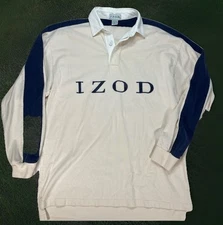 Vintage 80s Izod Rugby Shirt Mens S Beige Blue Stripe Sleeve Spellout 90s Y2K