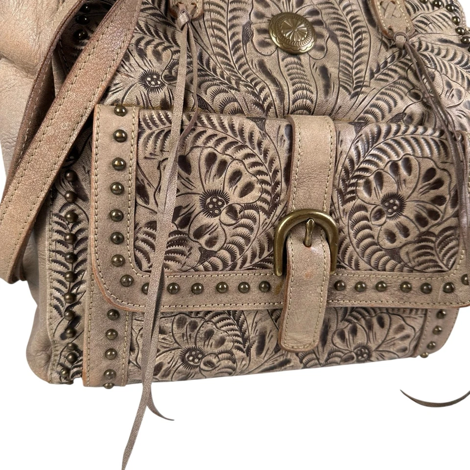 Bolso de Hombro American West Tooled Cuero Cartera Taupe Borla Western Rodeo Tote Foto 3 de 4