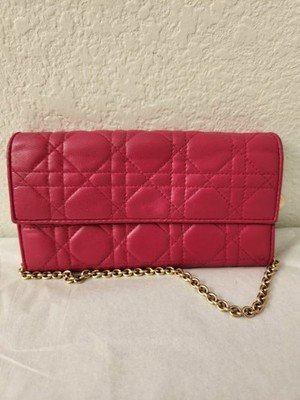 CHRISTIAN DIOR LADY DIOR DARK PINK CANNAGE WALLET ON CHAIN