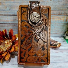 Horse Western Phone Holster OWB Brown Genuine Leather 7''x 3.5'' Embossed