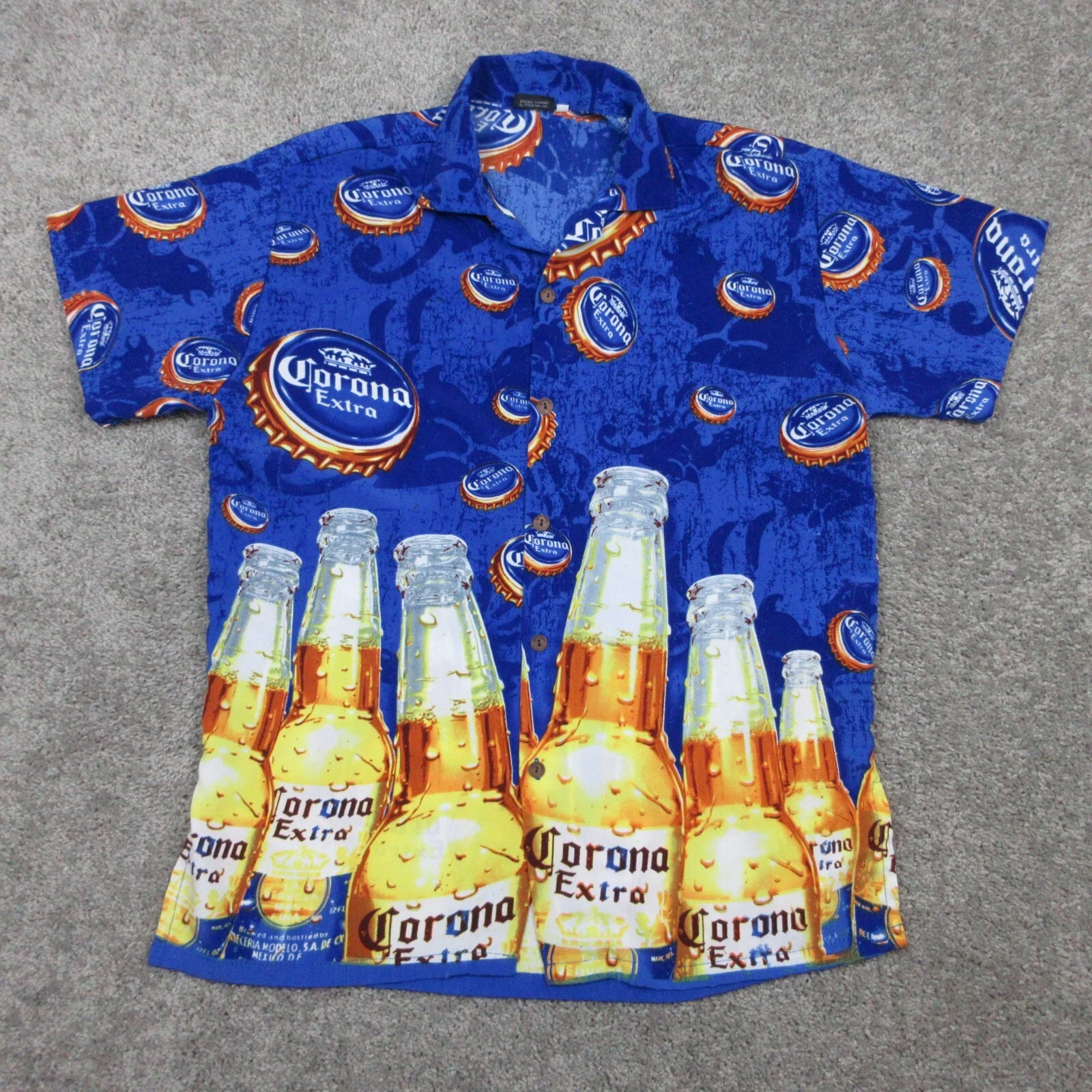 Corona Shirt Mens Large Blue Extra Hawaiian All Over Print Beer Party College