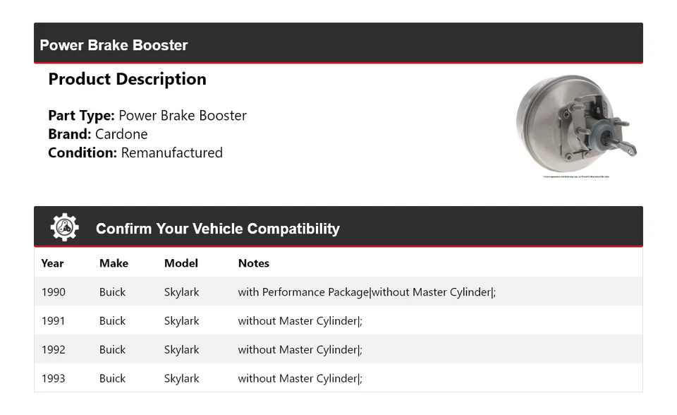 For 1990-1993 Buick Skylark Power Brake Booster Cardone 1991 1992 - Image 2 of 4