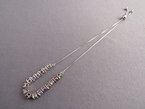 VINTAGE STERLING BOX CHAIN MULTI GEMSTONE SLIDE BEAD ADJUSTABLE BRACELET - Picture 2 of 5
