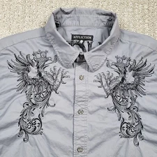 AFFLICTION Shirt Mens 2XL Gray Button up Embroidered Y2k Punk Jesse Pinkman