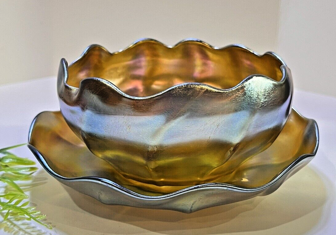 Tiffany & Co Favrile Art Glass Signed Bowl & Under plate Set