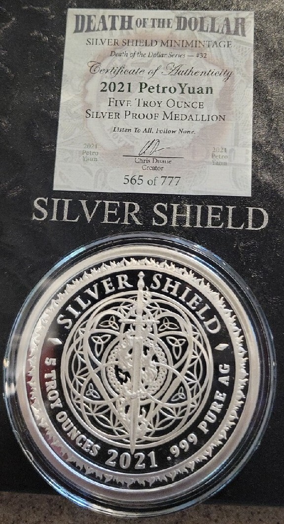 5 OZ .999 PURE SILVER SHIELD PROOF PETRO YUAN ROUND COIN DOLLAR MINTAGE ...