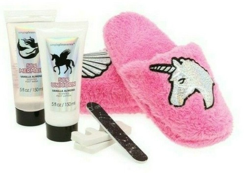 MERMAID & UNICORN 6-Piece Foot Care Set Vanilla Almond w/ PINK Fuzzy Slippers - Picture 2 of 7