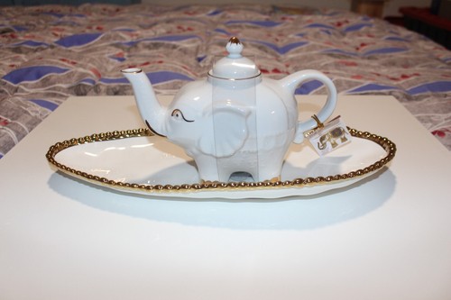 NEW Harmony white with gold elephant tea pot, 20 green tea bags. NWT display HTF - Picture 2 of 10