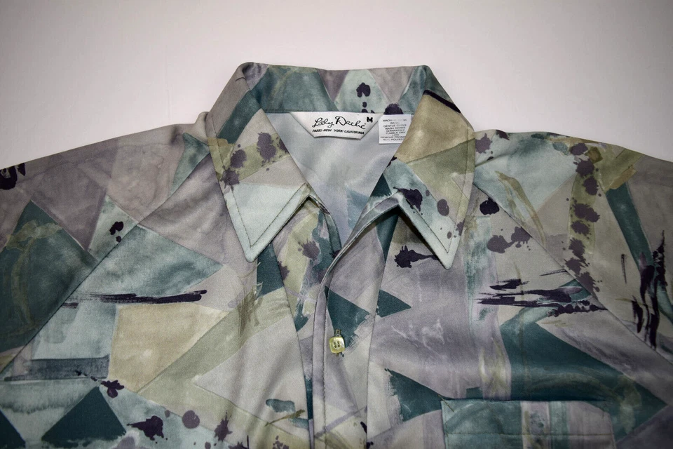 Camisa Mod Vintage Lilly Dache Talla M/L Años 70 Verde Musgo Formas Raglán 1 Botón Foto 2 de 4