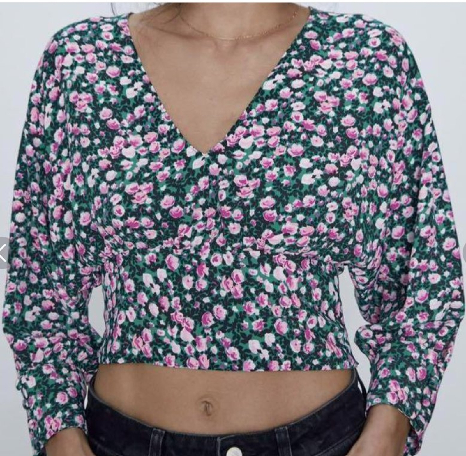 ZARA Green Pink Floral Print Cropped Smocked Puff Sleeve Blouse Top Size S  | eBay