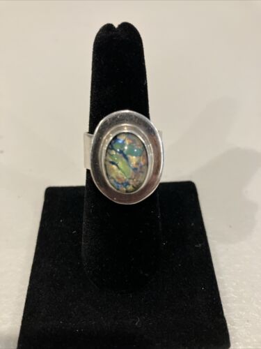 Estate Jewelry Vintage Mexican Foil Art Glass Sterling Silver Ring Size 8 - Picture 2 of 11
