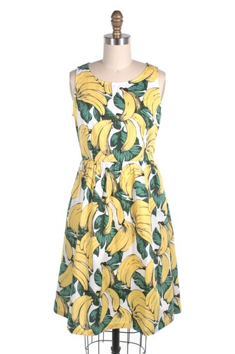 NUEVO CON ETIQUETAS XS FROCK SHOP Vestido sin Mangas Blanco Plátano y Hoja Plisado con Bolsillos SIN CORBATA