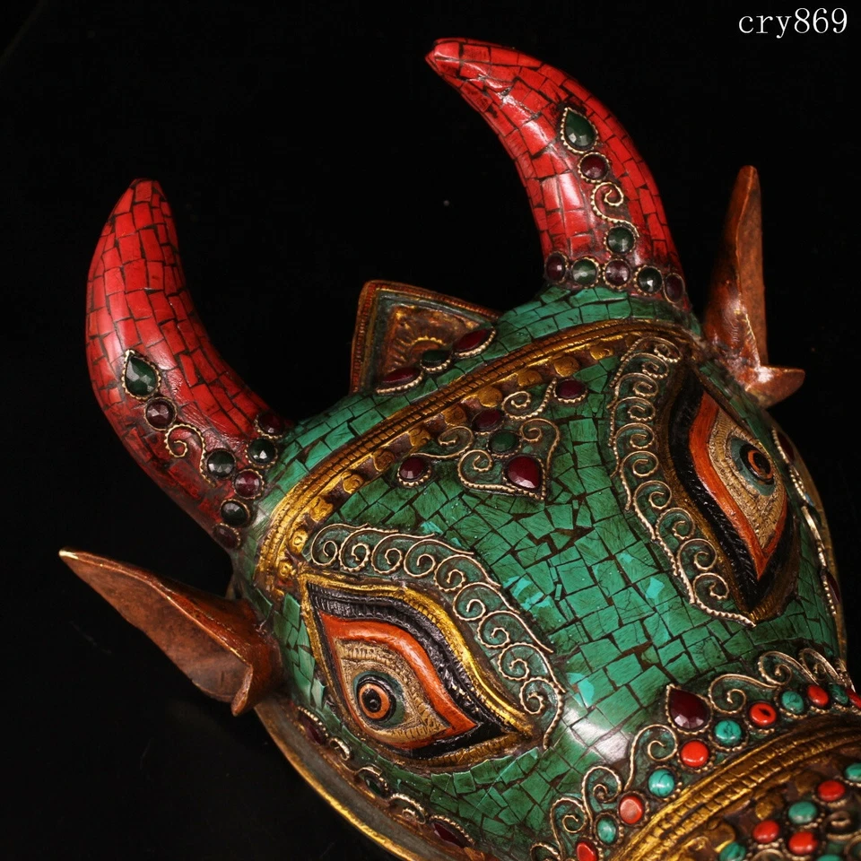 Cobre puro tibetano incrustado com pedras preciosas Pintura colorida cabeça de boi pendurada na parede - Imagem 4 de 4