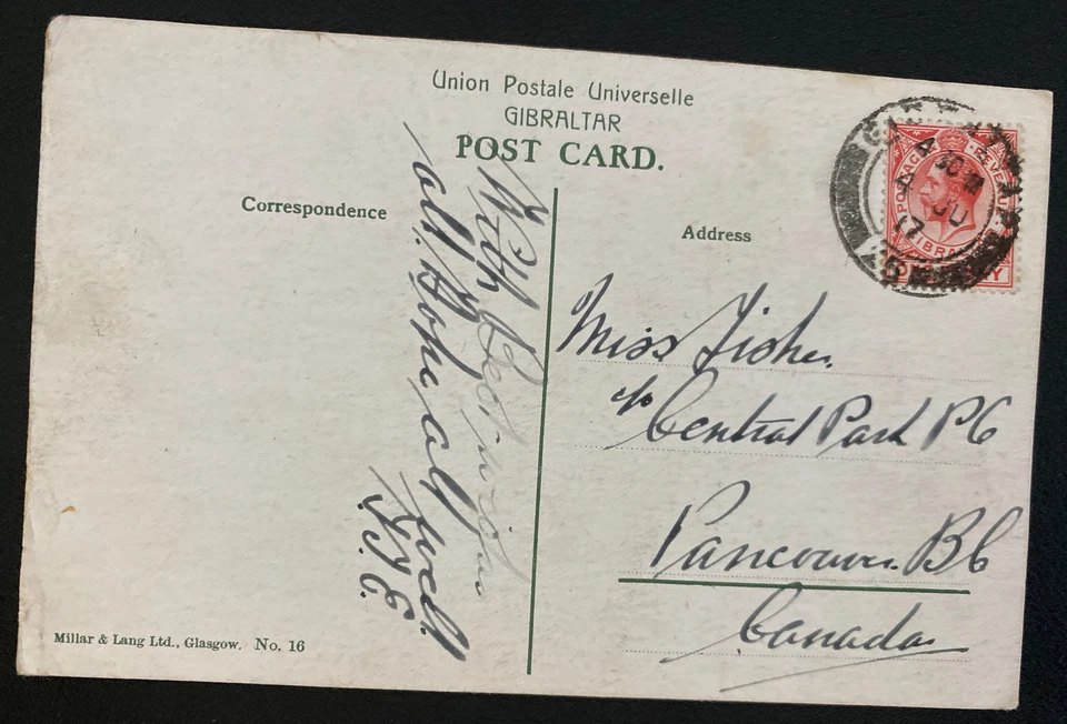 Cubierta de postal con foto de Gibraltar 1917 a Vancouver Canadá Light House View Foto 2 de 2