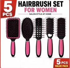5pc Professional Hair Brush Set Pink Paddle Round Vented Detangling Styling Kit