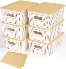 6 Pack Plastic Storage Baskets with Bamboo Lids Stackable Organizing Bins