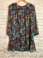 LOFT Dress Womens XS Dark Romantic Ditsy Woodland Florals Peasant  Flowy Hem