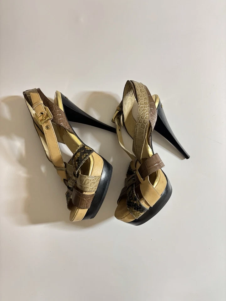 Michael Kors Niki Cross Strap 6M Bone Brown Heel Snake Leather Stiletto EUC - Image 3 of 4