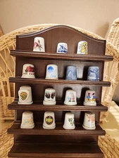 Wooden Thimble Display For Wall W/ 15 Porcelain Thimbles Vtg 12x7"